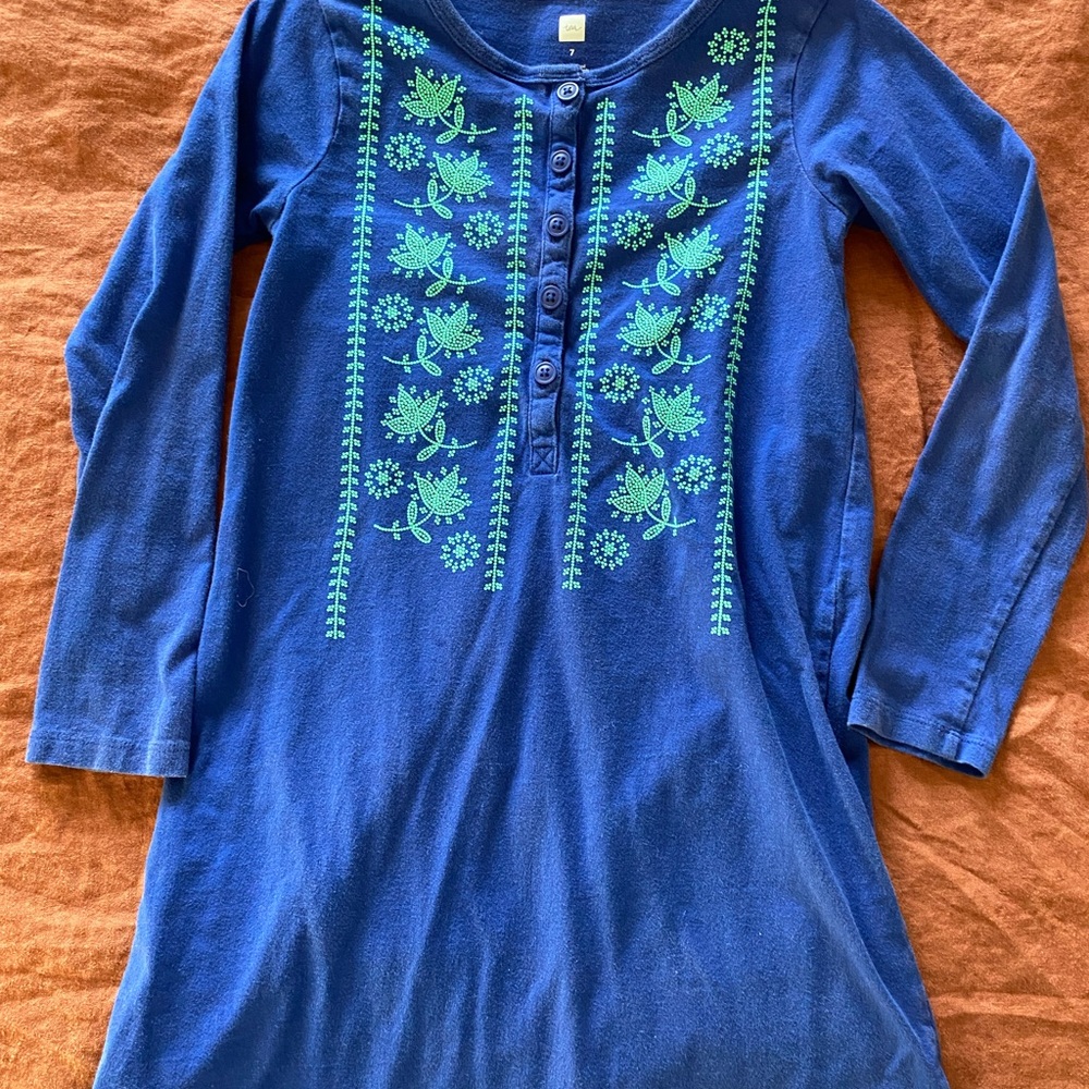 Blue Long Sleeve Dress with Green Print Embroidery